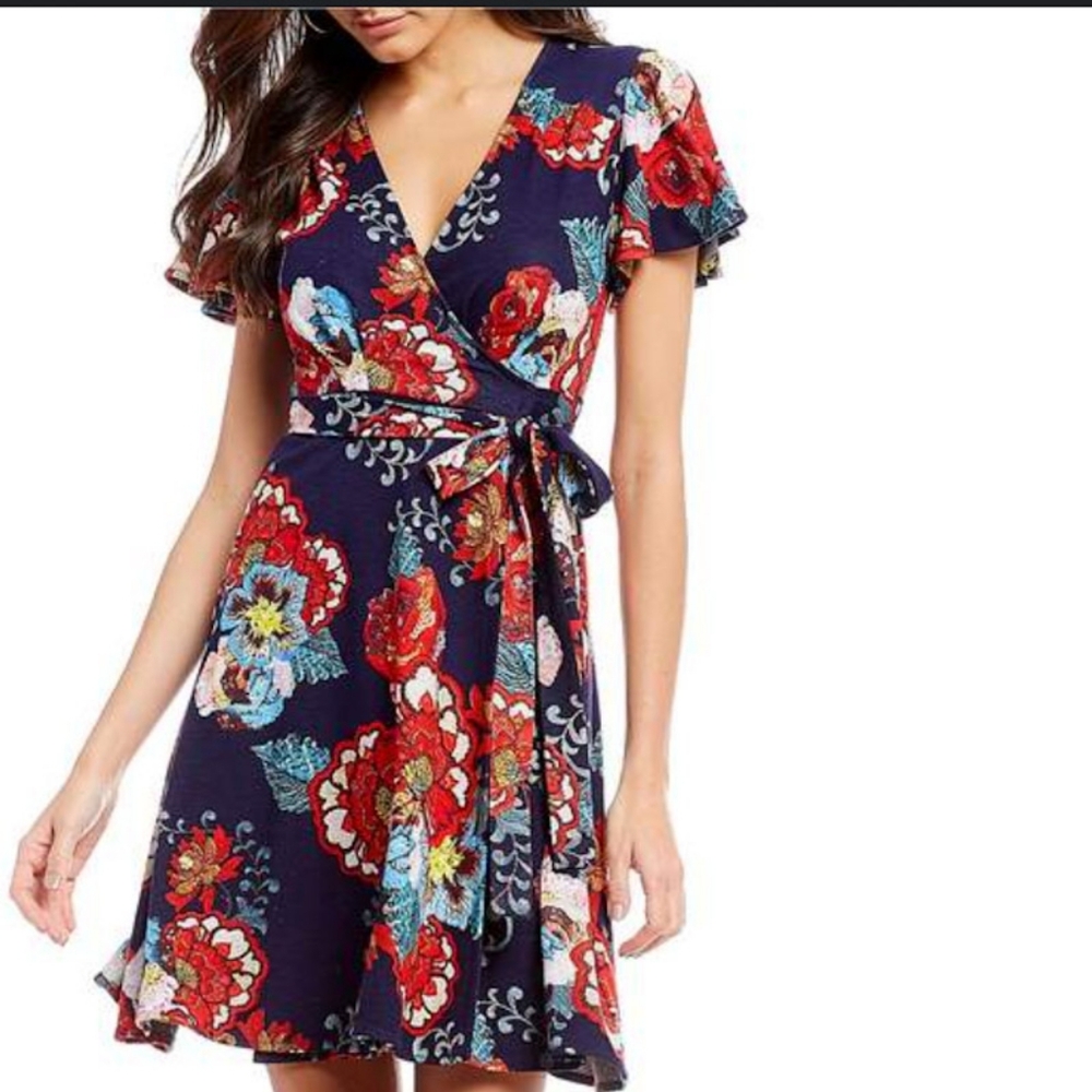 Evelyn Dress for Anthropologie Dark Blue Floral Wrap Style Size XS
